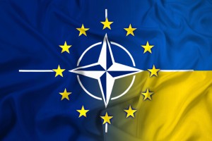 Waving Nato, EU and Ukraine Flag